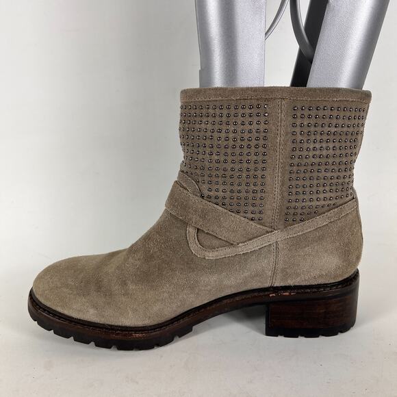 Coach Gates women's size 7.5 grey taupe suede bronze stud ankle moto booties - Picture 6 of 11